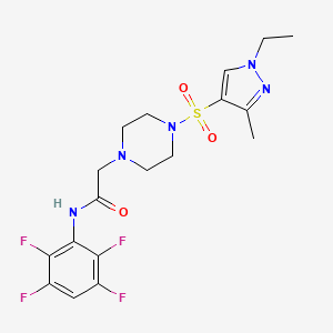 molecular formula C18H21F4N5O3S B4383489 2-{4-[(1-ethyl-3-methyl-1H-pyrazol-4-yl)sulfonyl]-1-piperazinyl}-N-(2,3,5,6-tetrafluorophenyl)acetamide 