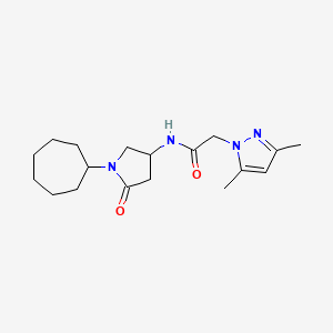 molecular formula C18H28N4O2 B4384363 N-(1-cycloheptyl-5-oxo-3-pyrrolidinyl)-2-(3,5-dimethyl-1H-pyrazol-1-yl)acetamide 