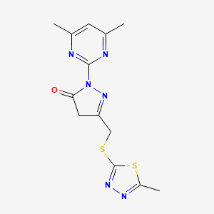 molecular formula C13H14N6OS2 B4386180 2-(4,6-dimethyl-2-pyrimidinyl)-5-{[(5-methyl-1,3,4-thiadiazol-2-yl)thio]methyl}-2,4-dihydro-3H-pyrazol-3-one 