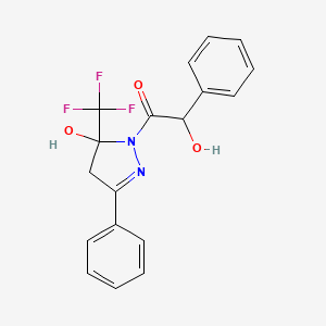 molecular formula C18H15F3N2O3 B4387574 1-[hydroxy(phenyl)acetyl]-3-phenyl-5-(trifluoromethyl)-4,5-dihydro-1H-pyrazol-5-ol 