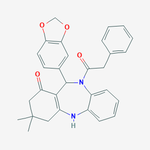 molecular formula C30H28N2O4 B438814 6-(1,3-Benzodioxol-5-yl)-9,9-dimethyl-5-(2-phenylacetyl)-6,8,10,11-tetrahydrobenzo[b][1,4]benzodiazepin-7-one CAS No. 353471-76-8