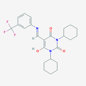 molecular formula C24H28F3N3O3 B438827 1,3-dicyclohexyl-5-{[3-(trifluoromethyl)anilino]methylene}-2,4,6(1H,3H,5H)-pyrimidinetrione CAS No. 362495-57-6