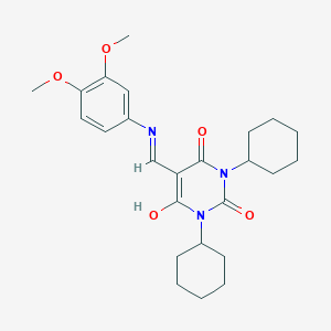 molecular formula C25H33N3O5 B438904 1,3-dicyclohexyl-5-[(3,4-dimethoxyanilino)methylene]-2,4,6(1H,3H,5H)-pyrimidinetrione 