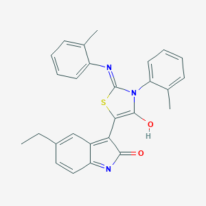 molecular formula C27H23N3O2S B439185 5-ethyl-3-{3-(2-methylphenyl)-2-[(2-methylphenyl)imino]-4-oxo-1,3-thiazolidin-5-ylidene}-1,3-dihydro-2H-indol-2-one 
