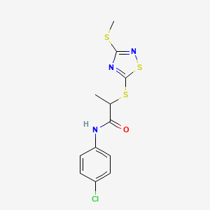 molecular formula C12H12ClN3OS3 B4392961 N-(4-chlorophenyl)-2-{[3-(methylthio)-1,2,4-thiadiazol-5-yl]thio}propanamide 