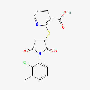 molecular formula C17H13ClN2O4S B4393413 2-{[1-(2-chloro-3-methylphenyl)-2,5-dioxo-3-pyrrolidinyl]thio}nicotinic acid 