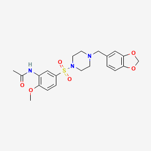 molecular formula C21H25N3O6S B4394799 N-(5-{[4-(1,3-benzodioxol-5-ylmethyl)-1-piperazinyl]sulfonyl}-2-methoxyphenyl)acetamide 
