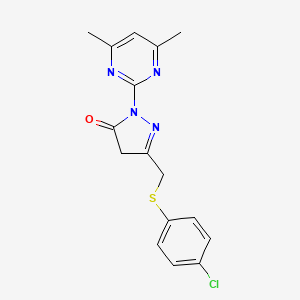 molecular formula C16H15ClN4OS B4395630 5-{[(4-chlorophenyl)thio]methyl}-2-(4,6-dimethyl-2-pyrimidinyl)-2,4-dihydro-3H-pyrazol-3-one 