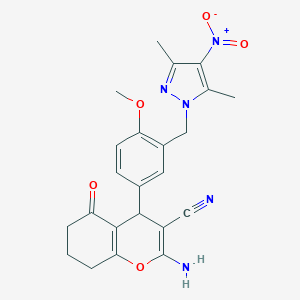 molecular formula C23H23N5O5 B439732 2-amino-4-{3-[(3,5-dimethyl-4-nitro-1H-pyrazol-1-yl)methyl]-4-methoxyphenyl}-5-oxo-5,6,7,8-tetrahydro-4H-chromene-3-carbonitrile CAS No. 300587-68-2