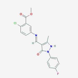molecular formula C19H15ClFN3O3 B439741 methyl 2-chloro-5-({[1-(4-fluorophenyl)-3-methyl-5-oxo-1,5-dihydro-4H-pyrazol-4-ylidene]methyl}amino)benzoate 