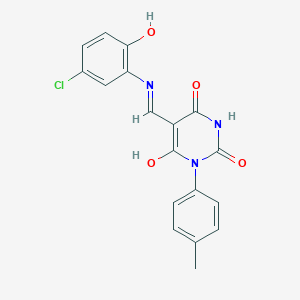 molecular formula C18H14ClN3O4 B439744 5-[(5-chloro-2-hydroxyanilino)methylene]-1-(4-methylphenyl)-2,4,6(1H,3H,5H)-pyrimidinetrione 