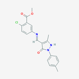 molecular formula C20H18ClN3O3 B439759 methyl 2-chloro-5-({[3-methyl-1-(4-methylphenyl)-5-oxo-1,5-dihydro-4H-pyrazol-4-ylidene]methyl}amino)benzoate 