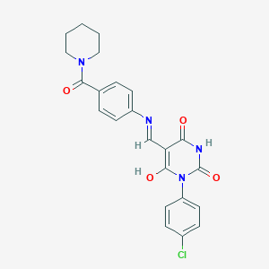 molecular formula C23H21ClN4O4 B439773 1-(4-chlorophenyl)-5-{[4-(1-piperidinylcarbonyl)anilino]methylene}-2,4,6(1H,3H,5H)-pyrimidinetrione 