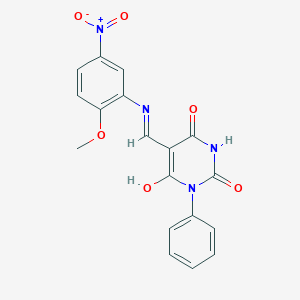 molecular formula C18H14N4O6 B439799 5-({5-nitro-2-methoxyanilino}methylene)-1-phenyl-2,4,6(1H,3H,5H)-pyrimidinetrione 