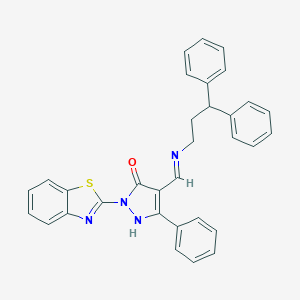 molecular formula C32H26N4OS B439816 2-(1,3-benzothiazol-2-yl)-4-{[(3,3-diphenylpropyl)amino]methylene}-5-phenyl-2,4-dihydro-3H-pyrazol-3-one 