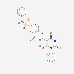 molecular formula C25H22N4O6S B439868 3-methoxy-4-{[(1-(4-methylphenyl)-2,4,6-trioxotetrahydro-5(2H)-pyrimidinylidene)methyl]amino}-N-phenylbenzenesulfonamide 