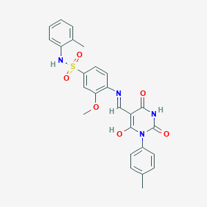 molecular formula C26H24N4O6S B439874 3-methoxy-N-(2-methylphenyl)-4-{[(1-(4-methylphenyl)-2,4,6-trioxotetrahydro-5(2H)-pyrimidinylidene)methyl]amino}benzenesulfonamide 