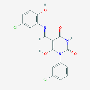 molecular formula C17H11Cl2N3O4 B439896 5-[(5-chloro-2-hydroxyanilino)methylene]-1-(3-chlorophenyl)-2,4,6(1H,3H,5H)-pyrimidinetrione 