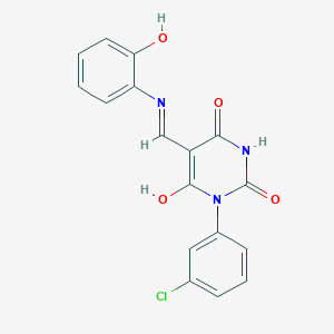 molecular formula C17H12ClN3O4 B439924 1-(3-chlorophenyl)-5-[(2-hydroxyanilino)methylene]-2,4,6(1H,3H,5H)-pyrimidinetrione 