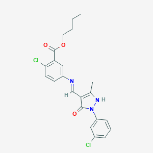 molecular formula C22H21Cl2N3O3 B440019 butyl 2-chloro-5-({[1-(3-chlorophenyl)-3-methyl-5-oxo-1,5-dihydro-4H-pyrazol-4-ylidene]methyl}amino)benzoate 