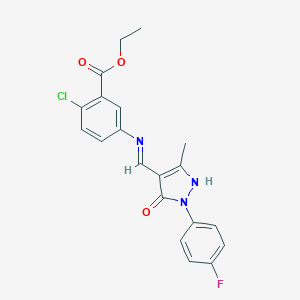 molecular formula C20H17ClFN3O3 B440062 ethyl 2-chloro-5-({[1-(4-fluorophenyl)-3-methyl-5-oxo-1,5-dihydro-4H-pyrazol-4-ylidene]methyl}amino)benzoate 