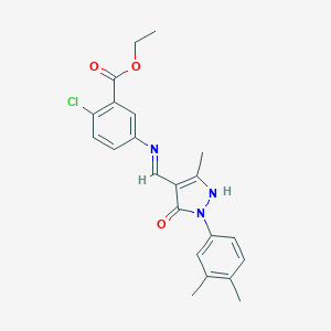 molecular formula C22H22ClN3O3 B440070 ethyl 2-chloro-5-({[1-(3,4-dimethylphenyl)-3-methyl-5-oxo-1,5-dihydro-4H-pyrazol-4-ylidene]methyl}amino)benzoate 