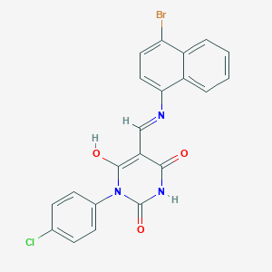 molecular formula C21H13BrClN3O3 B440095 5-{[(4-bromo-1-naphthyl)amino]methylene}-1-(4-chlorophenyl)-2,4,6(1H,3H,5H)-pyrimidinetrione 