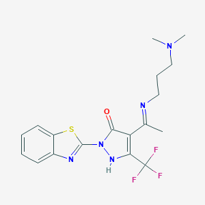 molecular formula C18H20F3N5OS B440533 2-(1,3-benzothiazol-2-yl)-4-(1-{[3-(dimethylamino)propyl]amino}ethylidene)-5-(trifluoromethyl)-2,4-dihydro-3H-pyrazol-3-one CAS No. 353475-24-8