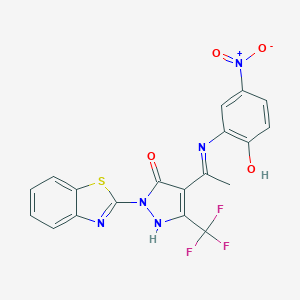 molecular formula C19H12F3N5O4S B440656 2-(1,3-benzothiazol-2-yl)-4-(1-{2-hydroxy-5-nitroanilino}ethylidene)-5-(trifluoromethyl)-2,4-dihydro-3H-pyrazol-3-one 