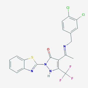 molecular formula C20H13Cl2F3N4OS B440660 (4E)-2-(1,3-benzothiazol-2-yl)-4-{1-[(3,4-dichlorobenzyl)amino]ethylidene}-5-(trifluoromethyl)-2,4-dihydro-3H-pyrazol-3-one 