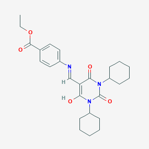 molecular formula C26H33N3O5 B440798 ethyl 4-{[(1,3-dicyclohexyl-2,4,6-trioxotetrahydro-5(2H)-pyrimidinylidene)methyl]amino}benzoate 