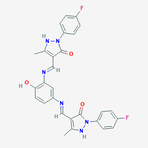 molecular formula C28H22F2N6O3 B440874 2-(4-fluorophenyl)-4-{[5-({[1-(4-fluorophenyl)-3-methyl-5-oxo-1,5-dihydro-4H-pyrazol-4-ylidene]methyl}amino)-2-hydroxyanilino]methylene}-5-methyl-2,4-dihydro-3H-pyrazol-3-one 