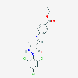 molecular formula C20H16Cl3N3O3 B441013 ethyl 4-({[3-methyl-5-oxo-1-(2,4,6-trichlorophenyl)-1,5-dihydro-4H-pyrazol-4-ylidene]methyl}amino)benzoate 