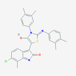 molecular formula C28H24ClN3O2S B441043 6-chloro-3-{3-(3,4-dimethylphenyl)-2-[(3,4-dimethylphenyl)imino]-4-oxo-1,3-thiazolidin-5-ylidene}-7-methyl-1,3-dihydro-2H-indol-2-one 
