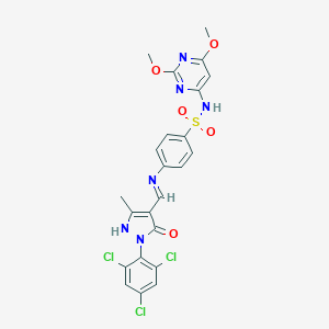 molecular formula C23H19Cl3N6O5S B441073 N-(2,6-dimethoxypyrimidin-4-yl)-4-({(Z)-[3-methyl-5-oxo-1-(2,4,6-trichlorophenyl)-1,5-dihydro-4H-pyrazol-4-ylidene]methyl}amino)benzenesulfonamide 