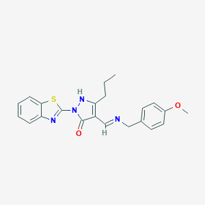 molecular formula C22H22N4O2S B441218 2-(1,3-benzothiazol-2-yl)-4-{[(4-methoxybenzyl)imino]methyl}-5-propyl-1,2-dihydro-3H-pyrazol-3-one CAS No. 371954-79-9