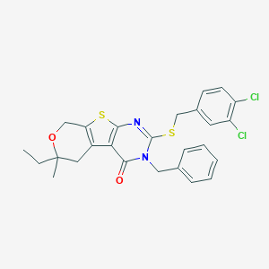 molecular formula C26H24Cl2N2O2S2 B441250 3-benzyl-2-[(3,4-dichlorobenzyl)sulfanyl]-6-ethyl-6-methyl-3,5,6,8-tetrahydro-4H-pyrano[4',3':4,5]thieno[2,3-d]pyrimidin-4-one CAS No. 328069-03-0