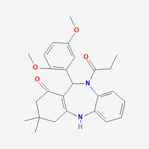molecular formula C26H30N2O4 B441413 6-(2,5-Dimethoxyphenyl)-9,9-dimethyl-5-propanoyl-6,8,10,11-tetrahydrobenzo[b][1,4]benzodiazepin-7-one CAS No. 353767-70-1