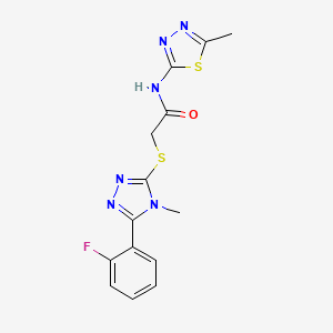 molecular formula C14H13FN6OS2 B4414798 2-{[5-(2-fluorophenyl)-4-methyl-4H-1,2,4-triazol-3-yl]thio}-N-(5-methyl-1,3,4-thiadiazol-2-yl)acetamide 