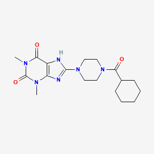 molecular formula C18H26N6O3 B4415179 8-[4-(cyclohexylcarbonyl)-1-piperazinyl]-1,3-dimethyl-3,7-dihydro-1H-purine-2,6-dione 