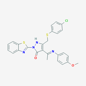molecular formula C26H21ClN4O2S2 B442146 2-(1,3-Benzothiazol-2-yl)-5-[(4-chlorophenyl)sulfanylmethyl]-4-[N-(4-methoxyphenyl)-C-methylcarbonimidoyl]-1H-pyrazol-3-one CAS No. 353771-03-6