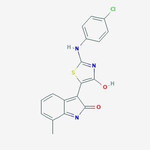 molecular formula C18H12ClN3O2S B442161 3-{2-[(4-chlorophenyl)imino]-4-oxo-1,3-thiazolidin-5-ylidene}-7-methyl-1,3-dihydro-2H-indol-2-one 