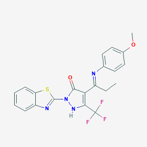 molecular formula C21H17F3N4O2S B442170 2-(1,3-Benzothiazol-2-yl)-4-[C-ethyl-N-(4-methoxyphenyl)carbonimidoyl]-5-(trifluoromethyl)-1H-pyrazol-3-one CAS No. 353772-19-7
