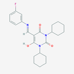 molecular formula C23H28FN3O3 B442175 1,3-dicyclohexyl-5-[(3-fluoroanilino)methylene]-2,4,6(1H,3H,5H)-pyrimidinetrione CAS No. 353772-01-7