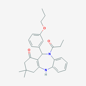 molecular formula C27H32N2O3 B442254 9,9-Dimethyl-5-propanoyl-6-(3-propoxyphenyl)-6,8,10,11-tetrahydrobenzo[b][1,4]benzodiazepin-7-one CAS No. 353772-39-1