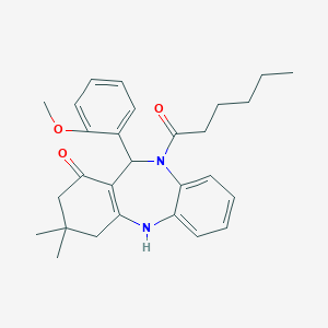 molecular formula C28H34N2O3 B442270 5-Hexanoyl-6-(2-methoxyphenyl)-9,9-dimethyl-6,8,10,11-tetrahydrobenzo[b][1,4]benzodiazepin-7-one CAS No. 406914-79-2