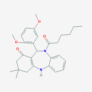 molecular formula C29H36N2O4 B442278 6-(2,5-Dimethoxyphenyl)-5-hexanoyl-9,9-dimethyl-6,8,10,11-tetrahydrobenzo[b][1,4]benzodiazepin-7-one CAS No. 370573-15-2