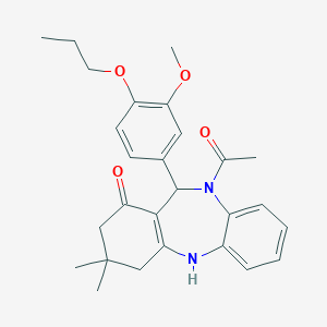 molecular formula C27H32N2O4 B442337 10-acetyl-11-(3-methoxy-4-propoxyphenyl)-3,3-dimethyl-2,3,4,5,10,11-hexahydro-1H-dibenzo[b,e][1,4]diazepin-1-one CAS No. 406914-69-0