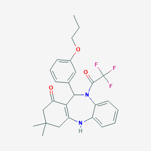 molecular formula C26H27F3N2O3 B442347 9,9-Dimethyl-6-(3-propoxyphenyl)-5-(2,2,2-trifluoroacetyl)-6,8,10,11-tetrahydrobenzo[b][1,4]benzodiazepin-7-one CAS No. 406914-67-8