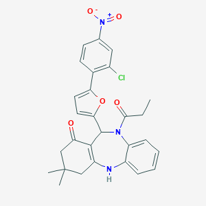 molecular formula C28H26ClN3O5 B442358 11-[5-(2-chloro-4-nitrophenyl)furan-2-yl]-3,3-dimethyl-10-propanoyl-2,3,4,5,10,11-hexahydro-1H-dibenzo[b,e][1,4]diazepin-1-one 
